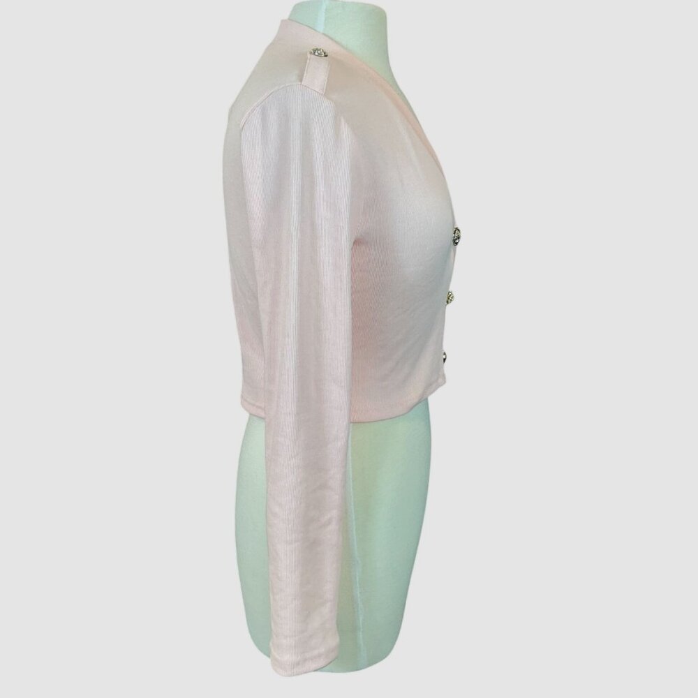 Hot & Delicious Cropped Ribbed Lt Pink Cardi Decorative Buttons Epaulettes L NWT - Picture 4 of 9